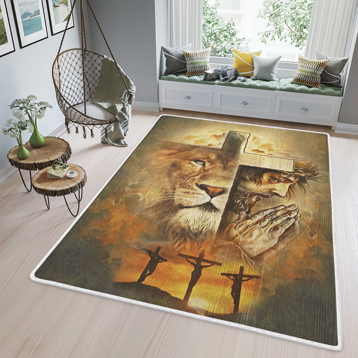 Wooni Jesus And Lion Cross Area Rug, Rectangle Rug Wn15032206