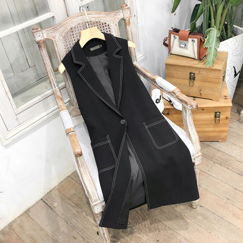 Women Vest Blazer Sleeveless Single Button Office Lady Waistcoat Outwear 2021 Autumn Casual Solid Long Suit Jacket Gilet Femme alx