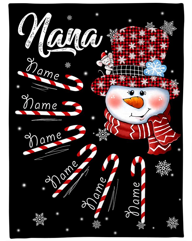 Personalized Grandma Snowman Candy Cane Christmas Blanket, Grandma Nana Mimi Christmas Blanket, Custom Grandma With Grandkids Name Blanket