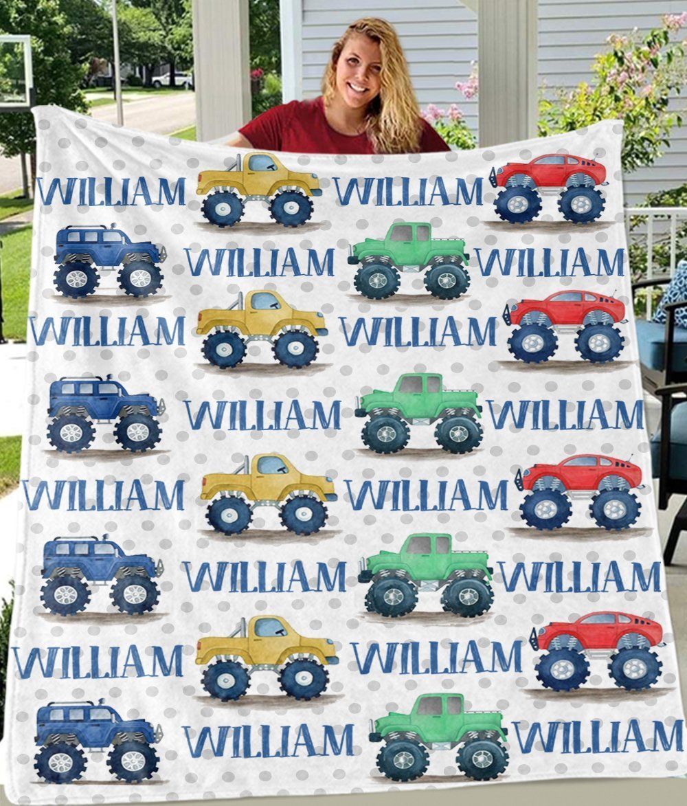 William Monster Truck Custom Text Name Printed Fleece Blanket