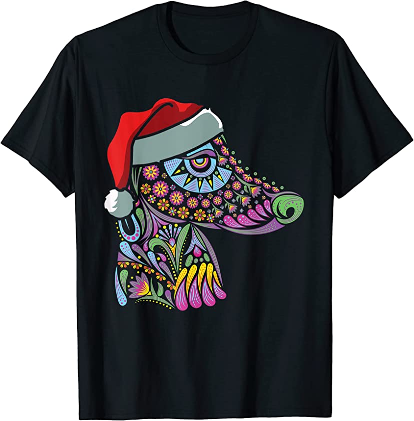 Dog Sugar Skull Santa Hat Christmas Puppy Pet Lover X-Mas T-Shirt