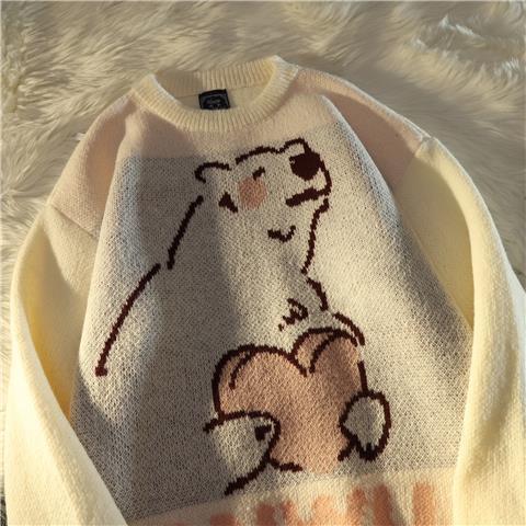 Sweet And Cute Bear Crew Neck Pullover Sweater Japanese High Street Fashion Loose Knitted Sweater Autumn Winter Long Sleeve top alx