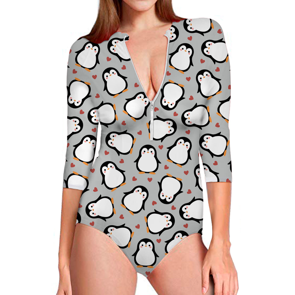 Red Heart And Penguin Pattern Print Long Sleeve One Piece Swimsuit