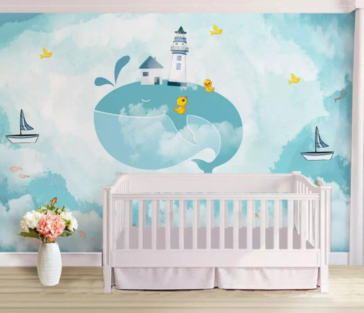 3D Kids, Cartoon, Whale, Sailboat Wallpaper-Nursery