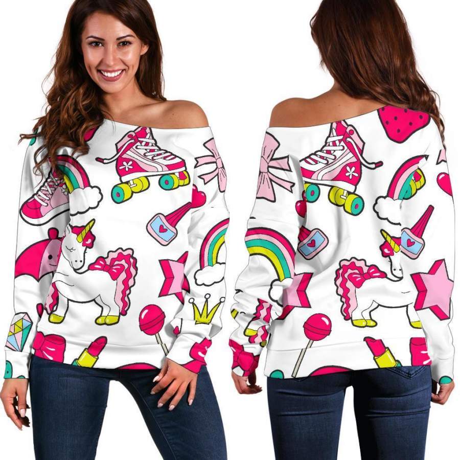 White Girly Unicorn Pattern Print Off Shoulder Sweatshirt