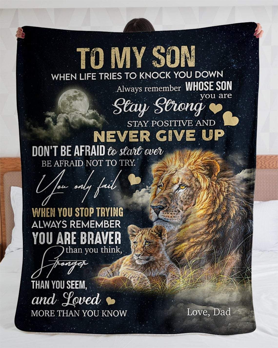 [Personalized Name]  Lions Never Give Up  Fleece Blanket, Sherpa Blanket, Gift For Family Member, Friends Gift, Christmas Gift, Home Decor, Home Living