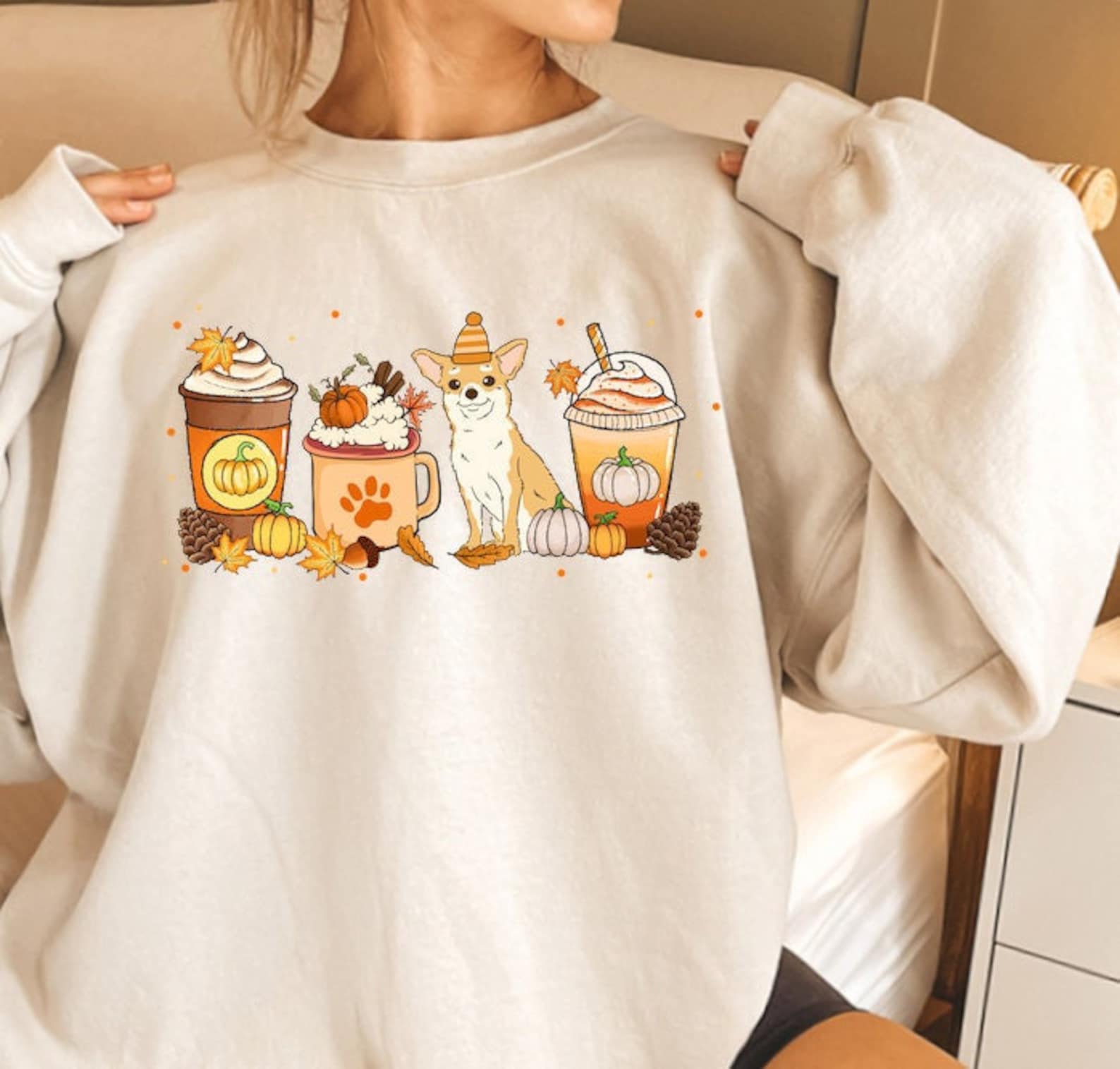 Dog Fall Coffee Sweatshirt 2D Crewneck Sweatshirt All Over Print Sweatshirt For Women Sweatshirt For Men