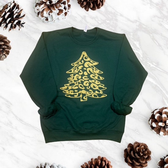 Christmas Tree Sweater | Holiday Sweatshirt | Leopard Print Crewneck Sweater |Cute Xmas Shirt | Gold