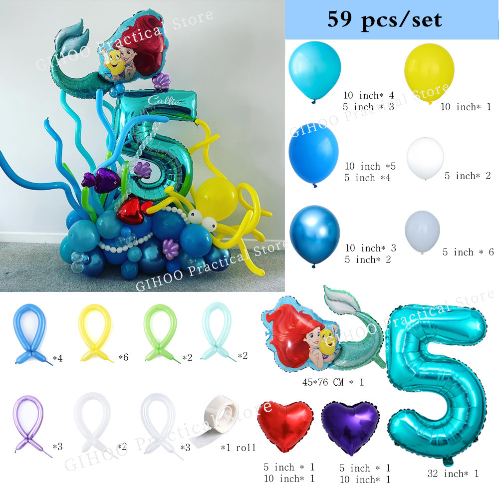 59pcs/set Cartoon Ariel Mermaid Princess Foil Balloon 30inch Number Foil Globos Birthday Party Decoration Baby Shower Girl Toys alx