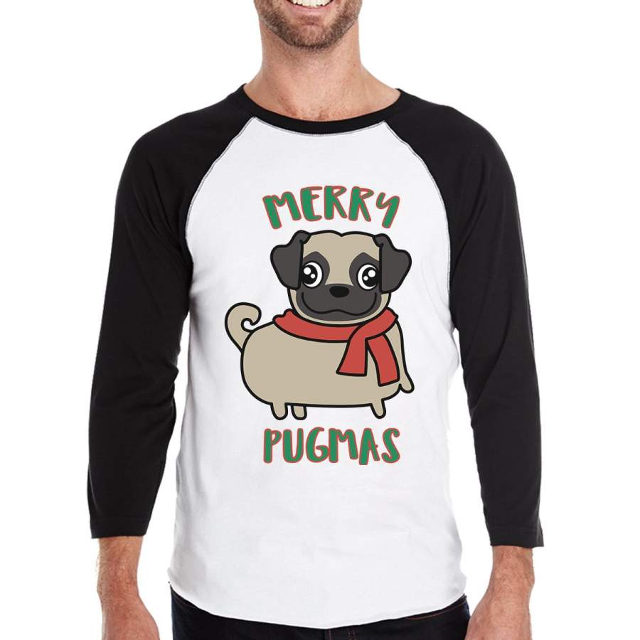 Merry Pugmas Pug Mens Black And White Baseball Shirt