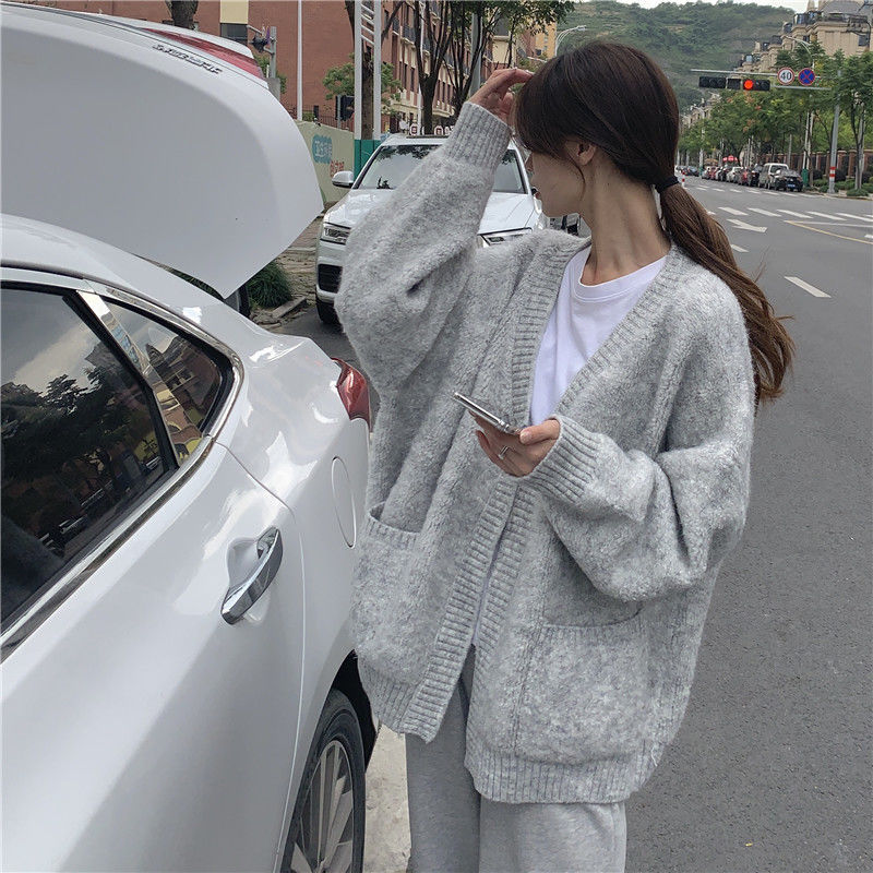 Autumn Women Solid Cardigans Loose Lazy Soft Sweaters New Students Simple All-match Knitted Shawl Jumpers Elegant Korean Style alx