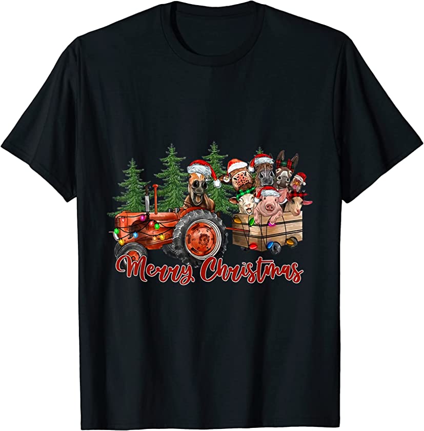 Red Truck Farm Tractor Farm Animals Cow Pig Merry Christmas T-Shirt