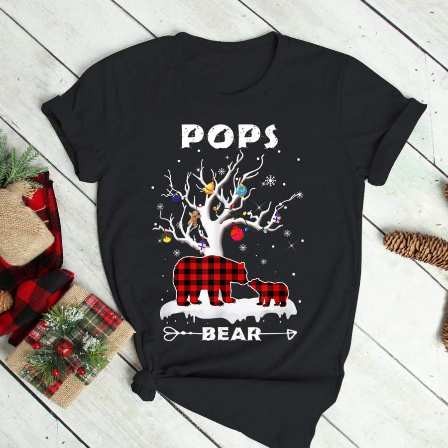 Pops Bear Christmas Pajama Red Plaid Tree Gift Xmas T-Shirt