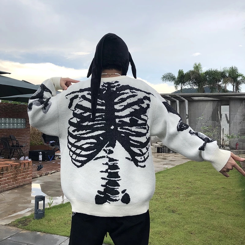 Autumn Men Women O-neck Long Sleeve Harajuku Punk Knitting Cotton Y2K Oversized Loose Pullover Sweater Clothes Skeleton Graphics alx