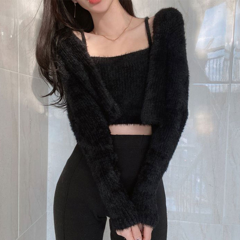 Solid Color Camisole Tops Korean Chic Slim V Neck Cropped Pink Cardigan Knitted Two Piece Sets Wild Mohair Sweaters alx