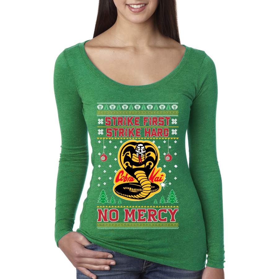 Strike First Strike Hard No Mercy Xmas Ugly Christmas Sweater Womens Scoop Long Sleeve Top