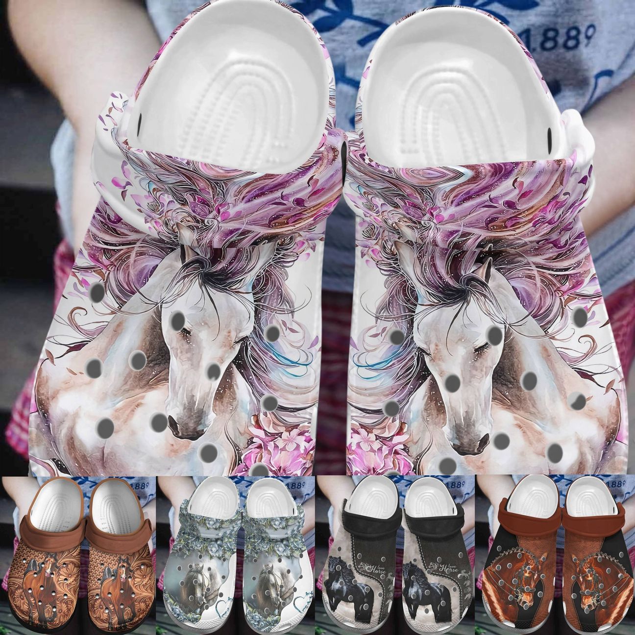 Horse Personalize Clog, Custom Name, Text, Fashion Style For Women, Men, Kid, Print 3D Whitesole Horse Collection