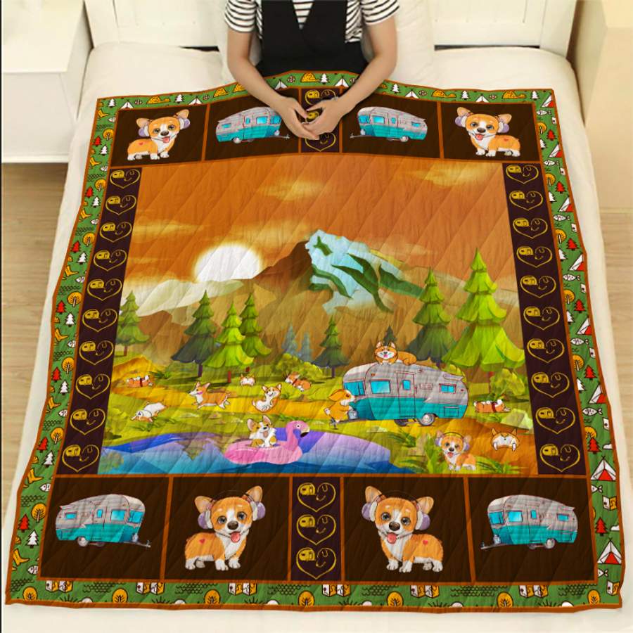 Camping Corgi Dog Lovers Quilt Blanket