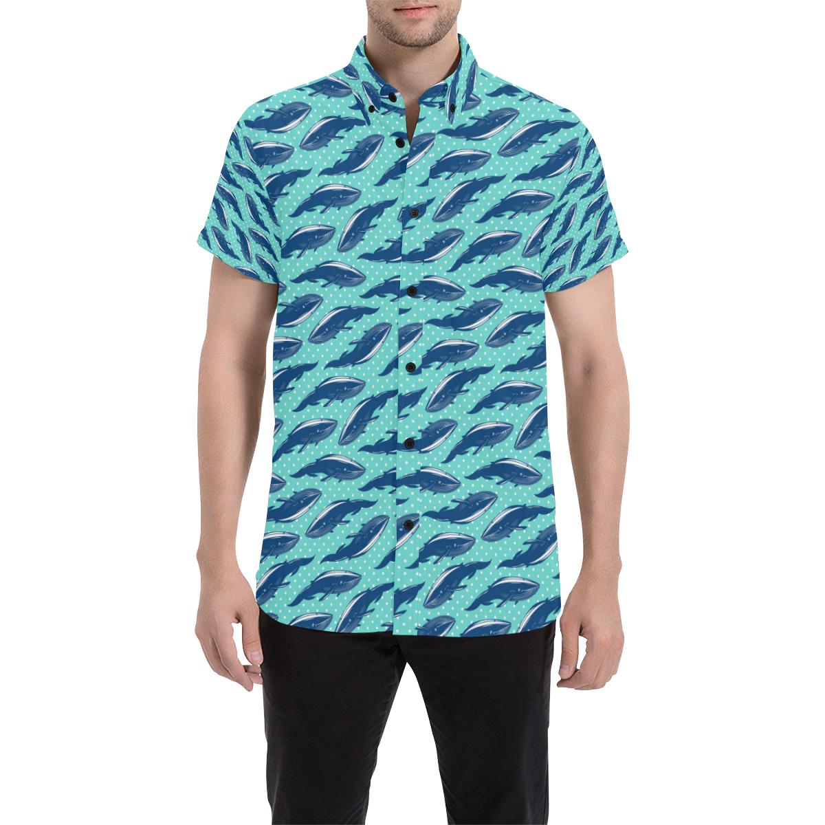 Whale Polka Dot Design Themed Print Men Button Up Shirt