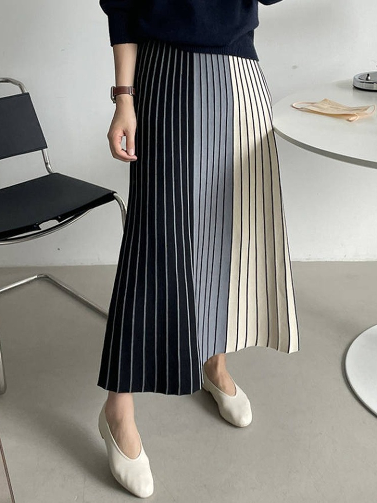 Autumn Winter Knitting Skirt High Waist Long Pencil Skirt Women Knitted Casual Vintage Maxi Skirt Vintage Warm Thick Midi Stripe alx