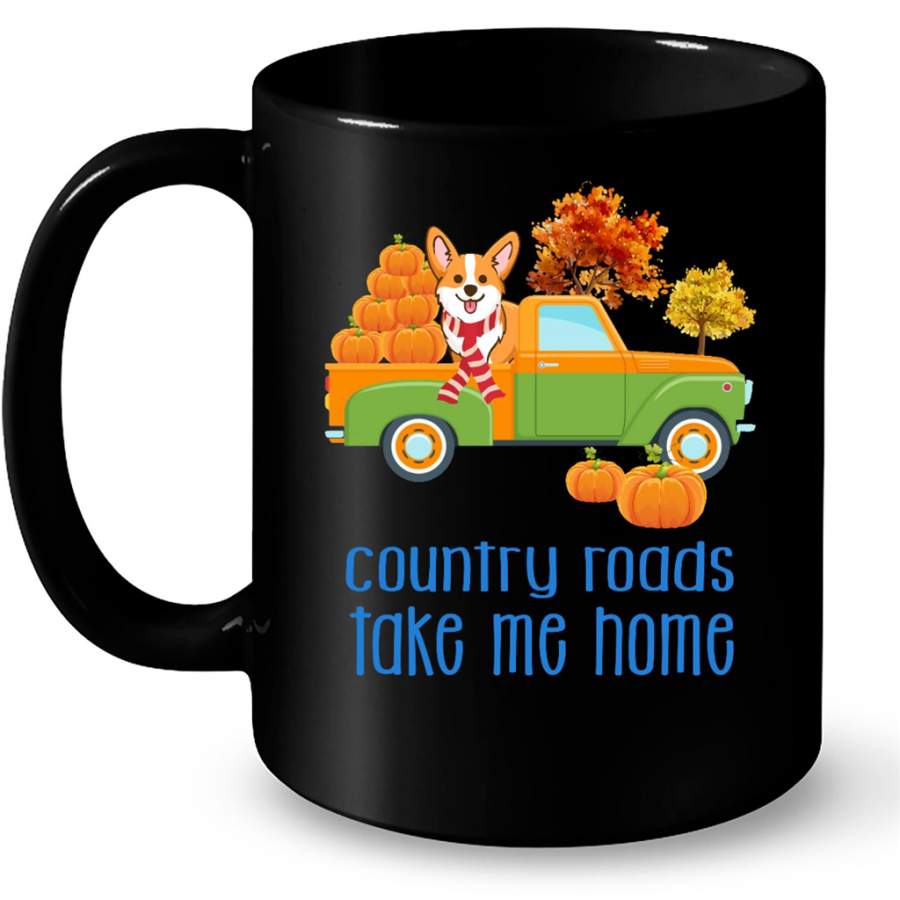 Country Roads Take Me Home Corgi Dog Fall Season Vintage Car Pumpkin – Full-Wrap Coffee Black Mug