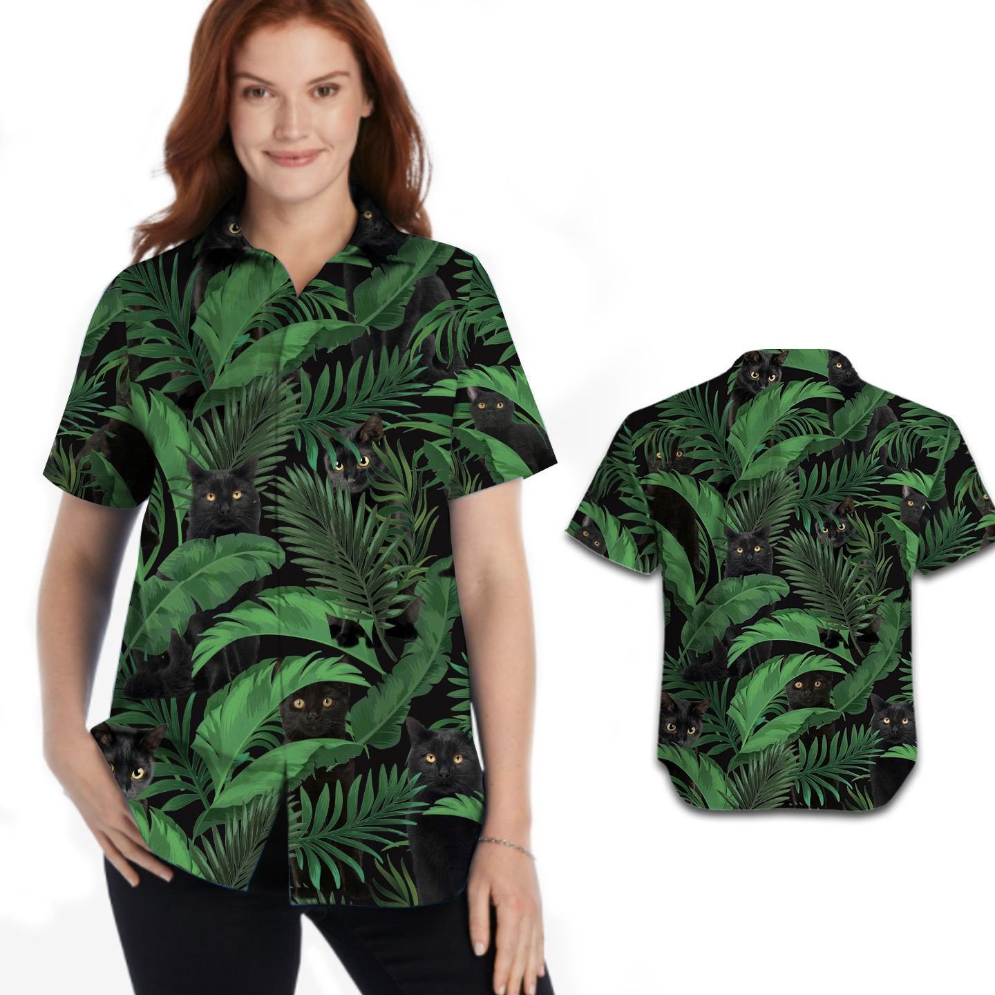 Black Cat Tropical Aloha Leaves Women Hawaiian Shirt For Cat Lovers – Gift For Cat Lovers