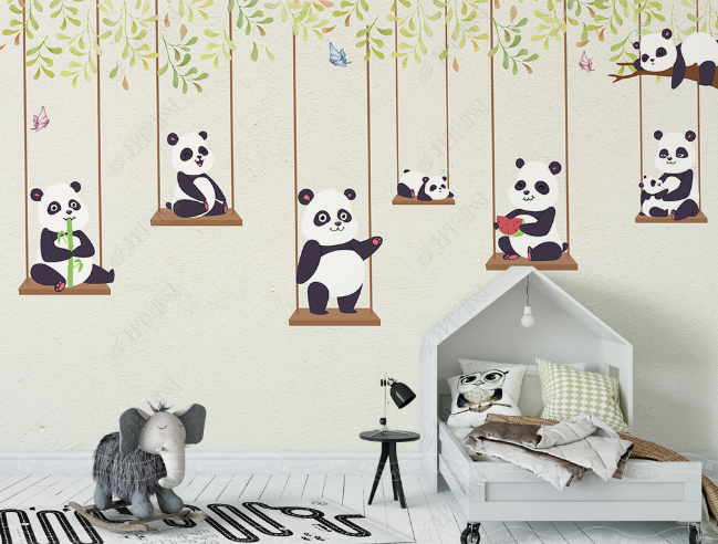 3D Hand Drawn Green Leaf Panda Animal Wall Mural Wallpaper Lqh 108