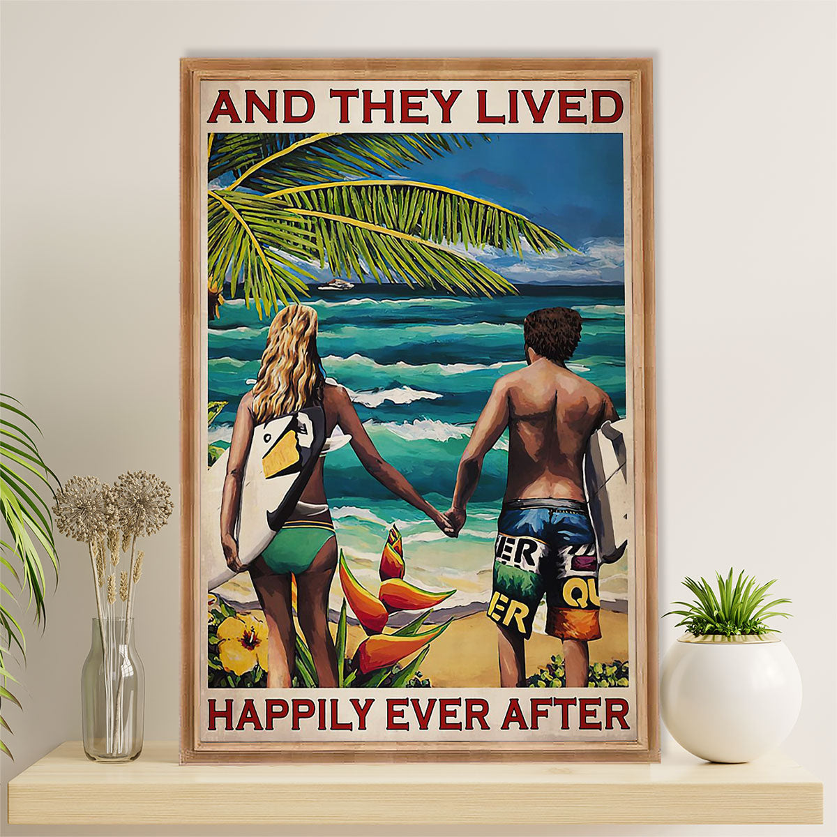 Water Surfing Poster Prints | Couple Boyfriend Girlfriend | Wall Art Gift For Beach Surfer