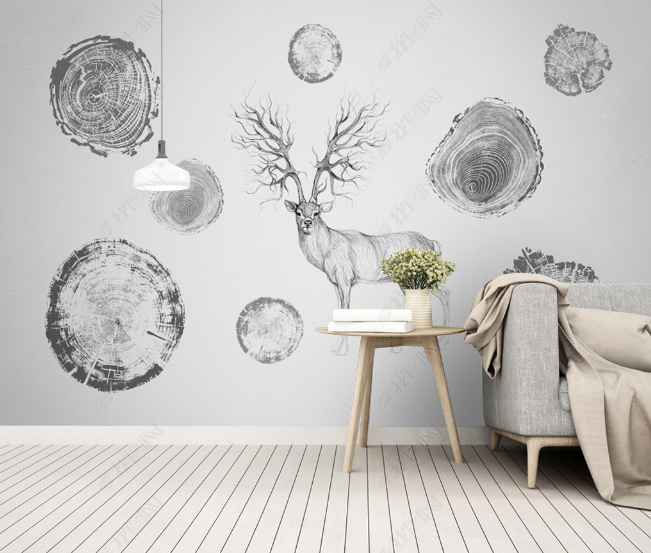 3D Hand Drawn Animal Elk Tree Wheel Wall Mural Wallpaper Lqh 36