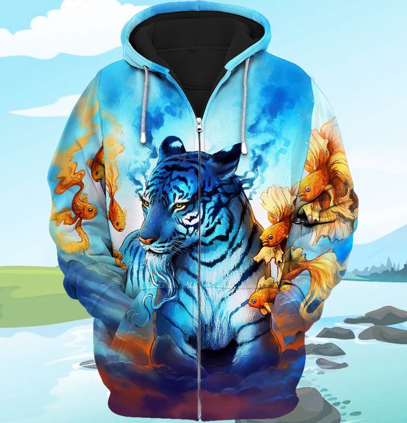 Blue Tiger With Goldfish 3D Full Print Zipper Hoodie