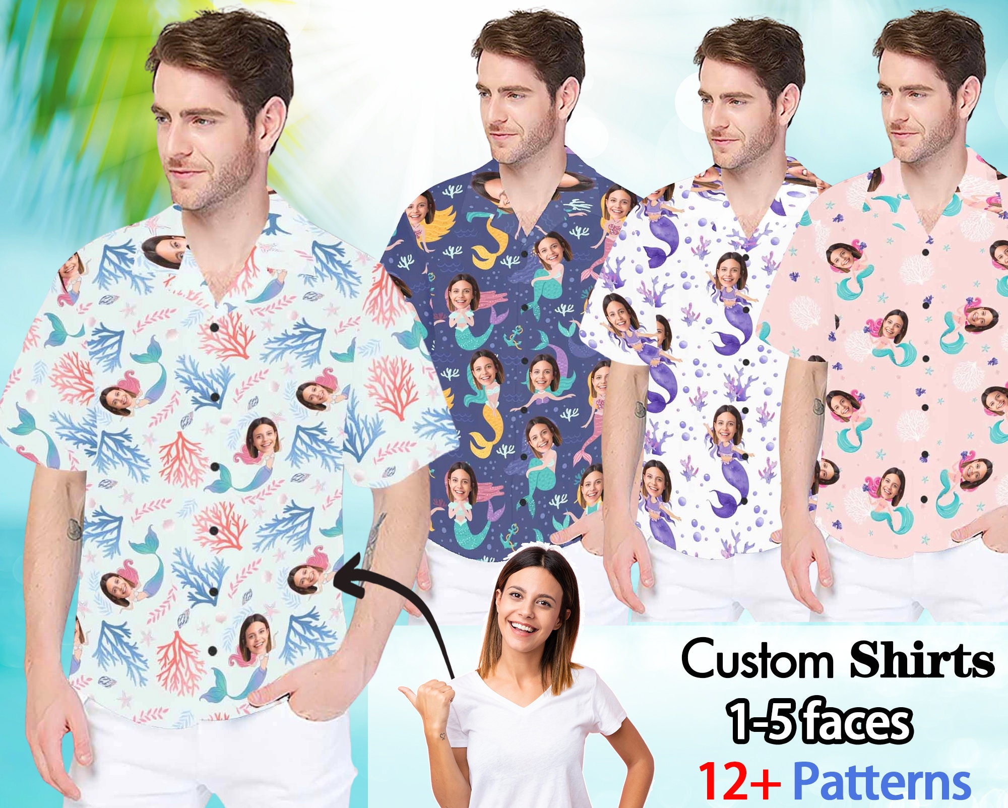 Personalized Men's Faces Mermaid Hawaiian Shirt, Custom Hawaiian Shirt With Face, Custom Summer Life Short Sleeve Shirts, Casual Shirt Gifts