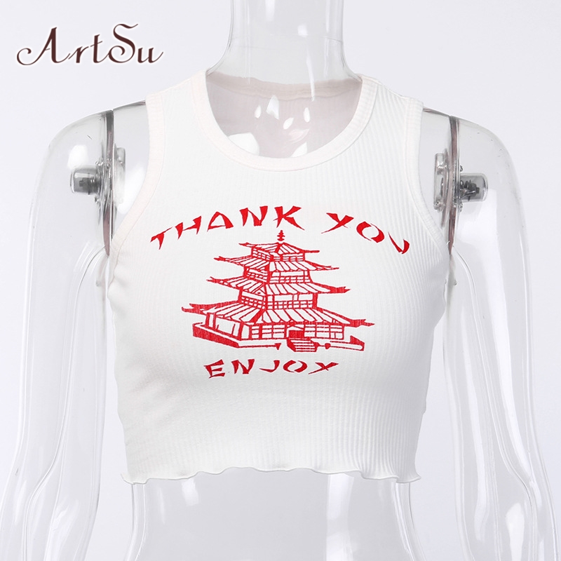 ArtSu Fashion Knitted Chinese Style Print White Crop Top 2022 Summer Women Short Sleeve Slim T shirt Female Streetwear ASTS21486 alx