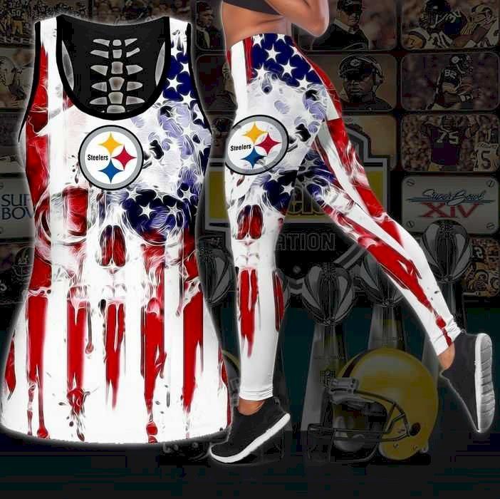 Womens Pittsburgh Steelers American Flag Tank Top And Leggings Set