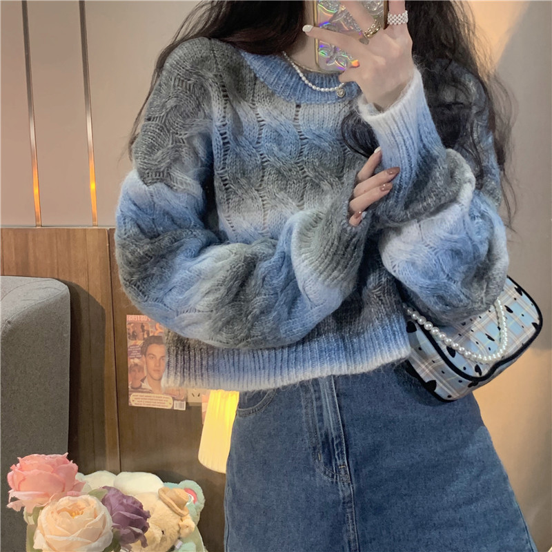 Cozy Gradient Pullovers Women Japan Style Vintage Slouchy Design Autumn Thin Cropped Sweater Fashion Casual All-match Young Chic alx