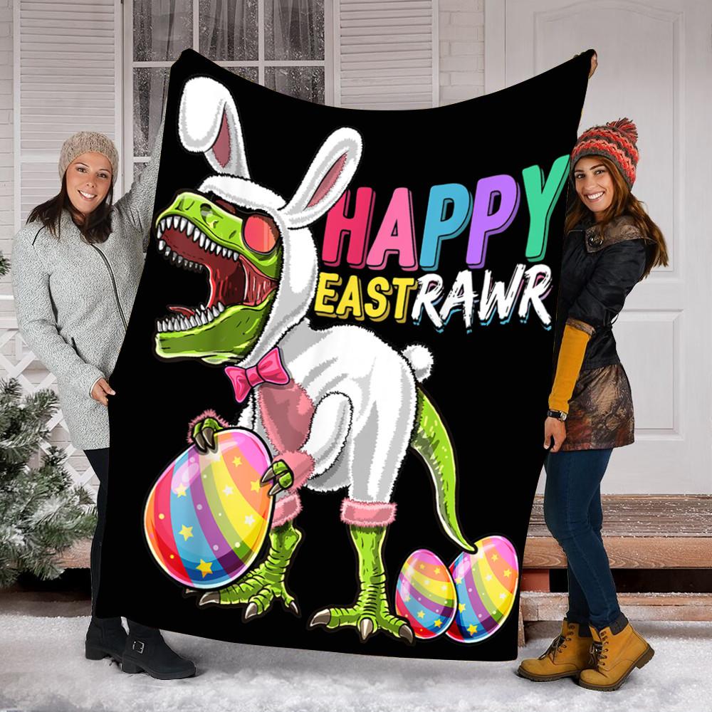 Custom Blanket Happy Eastrawr T Rex Dinosaur Easter Bunny Egg Blanket – Fleece Blanket