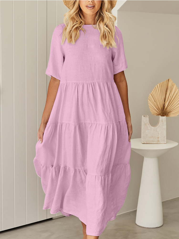 2022 Summer Women’s Dress Fashion Ladies Loose Cotton Round Neck Short Sleeve Pleated Dress Long Dress Sexy Dress women alx