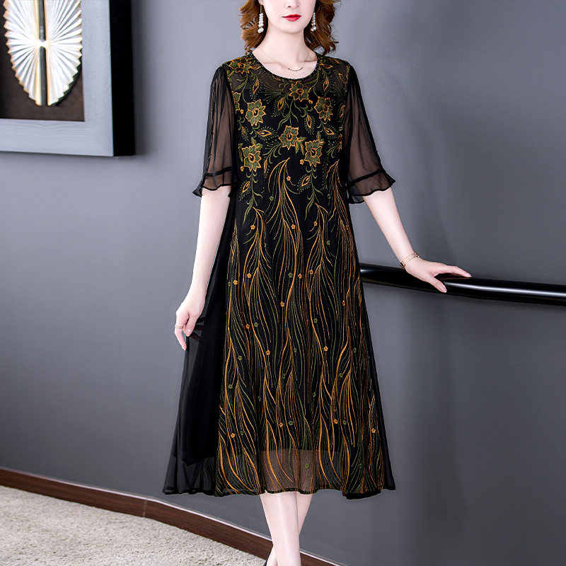 Summer Black Natural Silk Embroidery Floral Midi Dress 2021 Korean Vintage Casual Party Dress Women Korean Vintage Party Dress alx