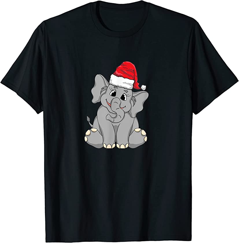 Santa Hat-Wearing Cute Baby Elephant Funny Christmas Holiday T-Shirt