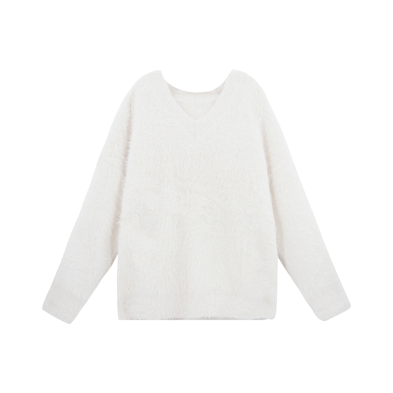 White Mohair Thicken Sweater Autumn Winter Sweet Fashion V-Neck Lantern Sleeve Casual Solid Pullover Mink Cashmere Sweater Dress alx