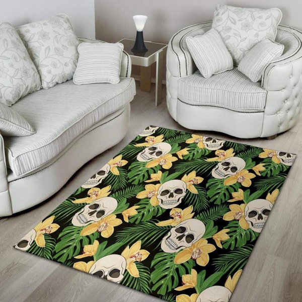 Tropical Floral Skull Area Rug