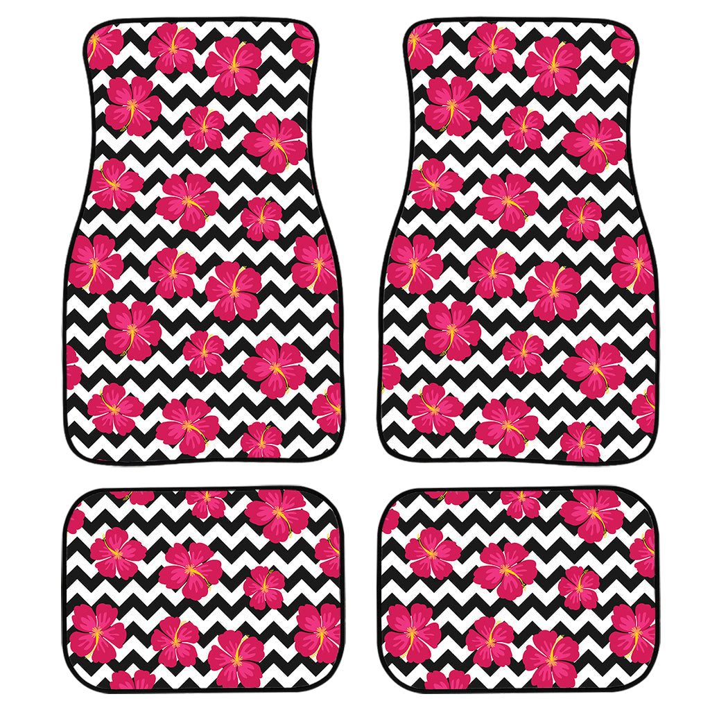 Pink Hibiscus Zigzag Pattern Print Front And Back Car Floor Mats, Front Car Mat