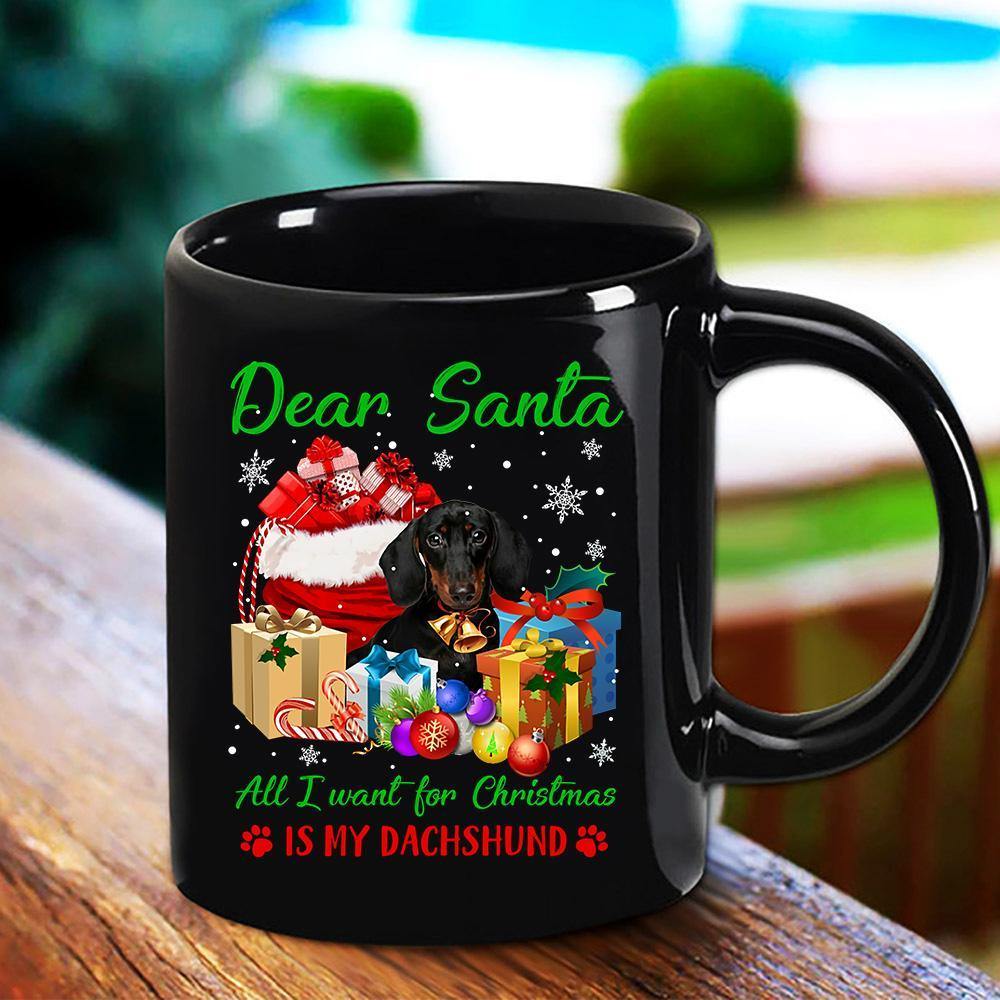 Dachshund I Want For Christmas Candy Cane Ornament Gifts Happy Holiday Black Mug