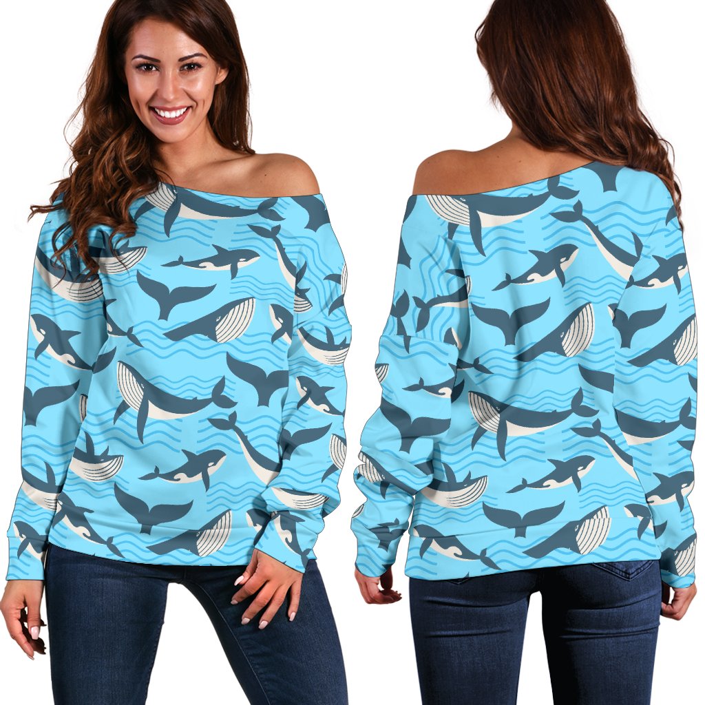 Whale Pattern Design Themed Print Off Shoulder Sweatshirt