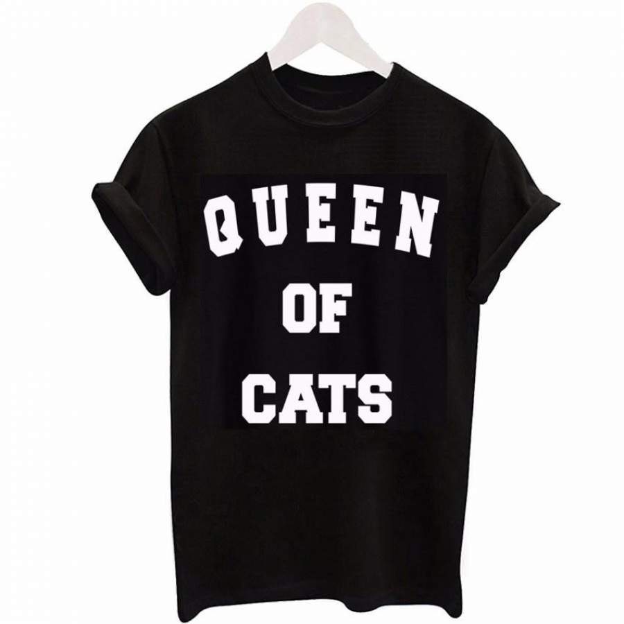 Women T Shirt Queen Of Cats Letters Print Cotton Casual Funny Shirt For Lady White Top Tee Hipster