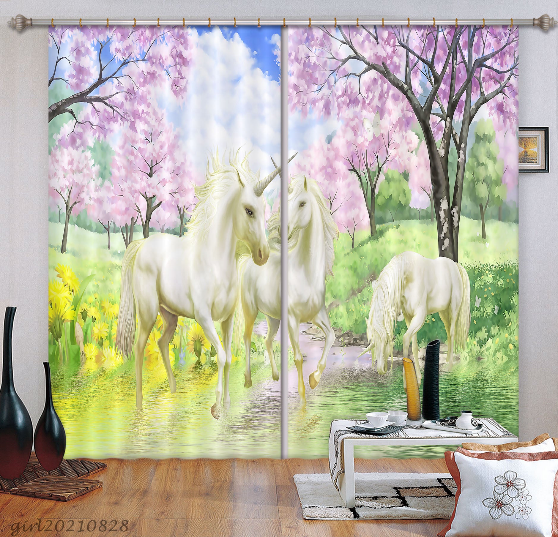 3D Pink Floral Tree Animal Unicorn Curtains And Drapes Lqh 63