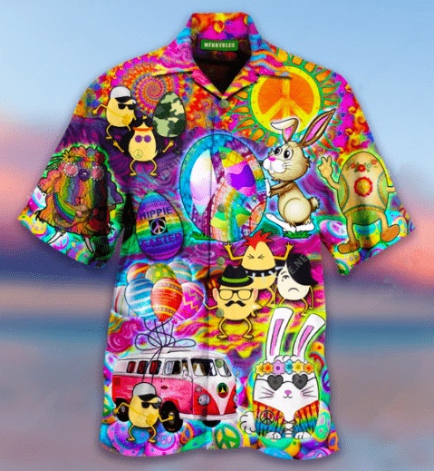 Colorful Happy Hippie Easter Pink Unisex Hawaii Aloha Shirts Ha57140