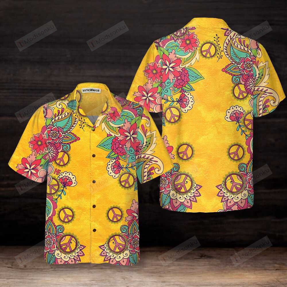 Yellow Hippie Peace Sign And Flowers Hawaiian Shirt