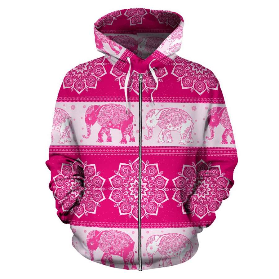 Flower Mandala Elephant Pink Premium All Over Print Zip-up Hoodie