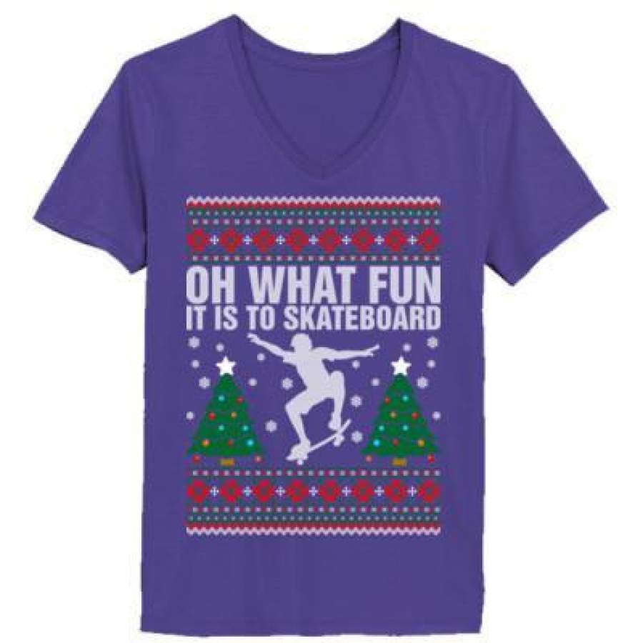 AGR Oh What Fun It Is To Skateboard Ugly Christmas Sweater – Ladies’ V-Neck T-Shirt