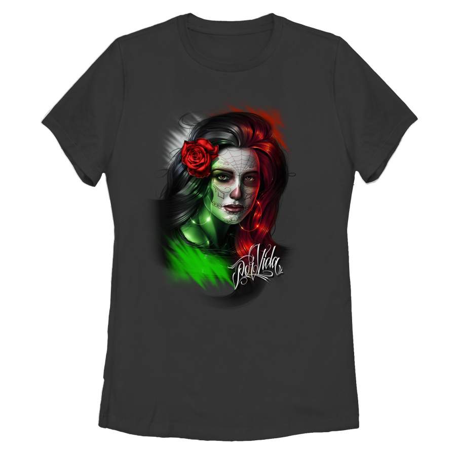 Aztlan Women’s Sugar Skull Por Vida  T Shirt Black